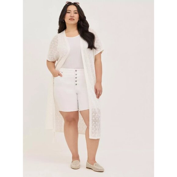 Torrid Size 3/4 Womens Sweater White Open Crochet Short Sleeve Tie Waist Duster - Picture 1 of 6